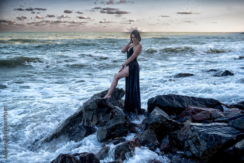 girl, young, fashion, stones, large, shore, ocean, waves, storm, storm, wind, element, image, dress, black, gloomy, dark, force, one, dress, on edge, emotions, uncontrollable, splashes, water, model,  photo