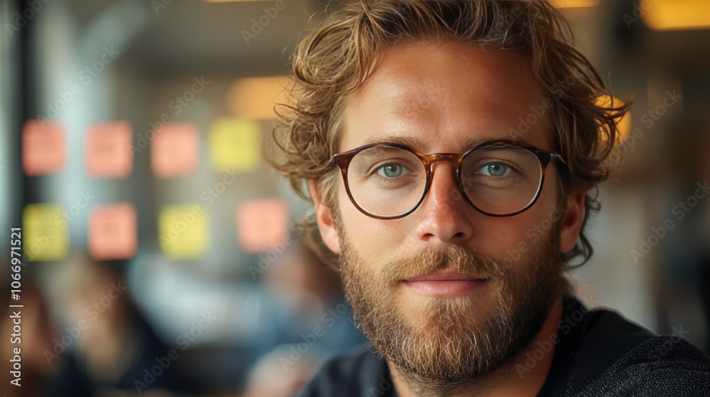 Young professional man with glasses in modern office setting, exuding confidence and focus. background features collaborative workspace with colorful sticky notes Young professional man with glasses in modern office setting, exuding confidence and focus. background features collaborative workspace with colorful sticky notes
