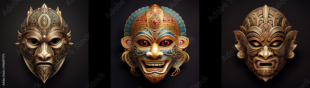 Three intricately carved masks with various expressions are isolated on a black background. Three intricately carved masks with various expressions are isolated on a black background.