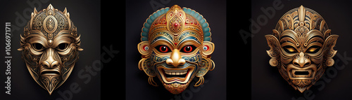 Three intricately carved masks with various expressions are isolated on a black background.