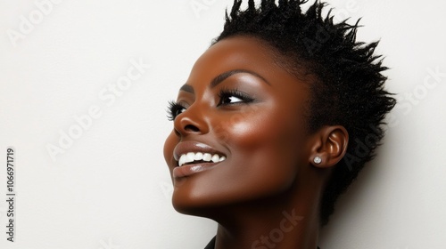 Beautiful Smiling Black Woman Short Hair Skincare Portrait