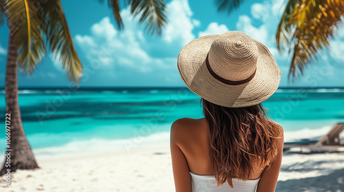Młoda kobieta na plaży, która emanuje pewnością siebie i stylem typowym dla influencerów społecznościowych. photo