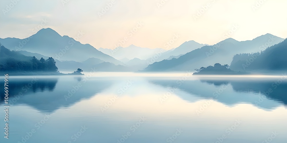 A serene landscape featuring misty mountains reflected in a calm lake. The soft pastel hues create a tranquil atmosphere perfect for relaxation. A serene landscape featuring misty mountains reflected in a calm lake. The soft pastel hues create a tranquil atmosphere perfect for relaxation.