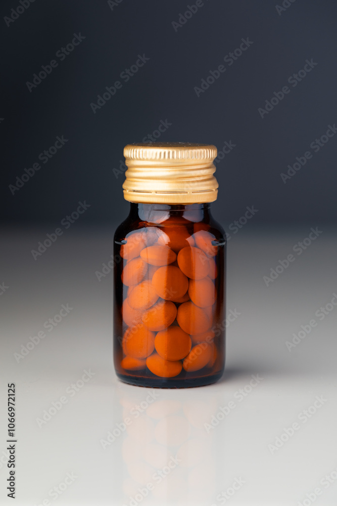 bottle with vitamin pills, close-up view bottle with vitamin pills, close-up view