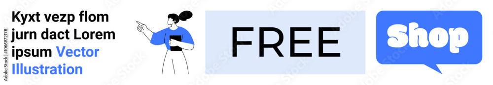 Woman holding notepad, large Free text on a grey background, and blue Shop speech bubble on a light grey background. Ideal for marketing, online shopping, sales, promotion, and advertising. Banner Woman holding notepad, large Free text on a grey background, and blue Shop speech bubble on a light grey background. Ideal for marketing, online shopping, sales, promotion, and advertising. Banner