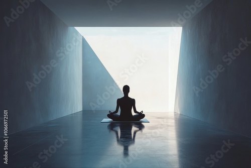 A person in meditation sitting on a smooth floor. Soft light streams in from an opening. This image shows peace and calm in a minimal space. Generative AI