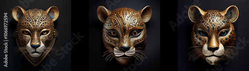 Three cheetah masks are isolated on a black background.