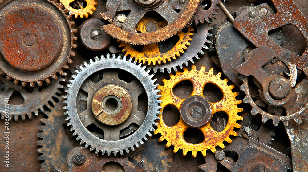 Rusty gears with a mix of gold and silver tones Rusty gears with a mix of gold and silver tones