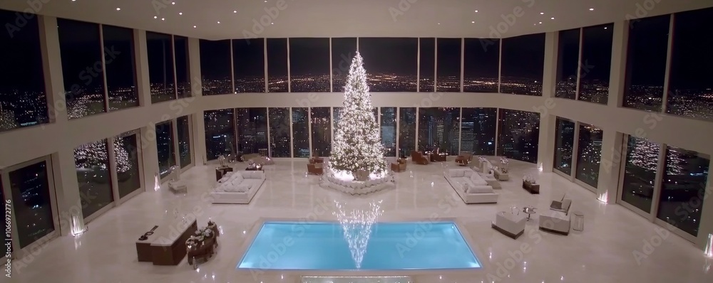 Obraz premium Christmas tree with silver and white ornaments American penthouse