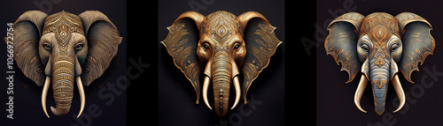 Three elephant masks are isolated against a black background. photo