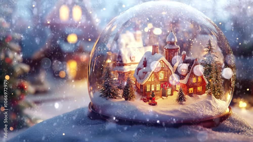 a snow globe with a christmas village inside. Seamless looping time-lapse virtual 4k video animation background