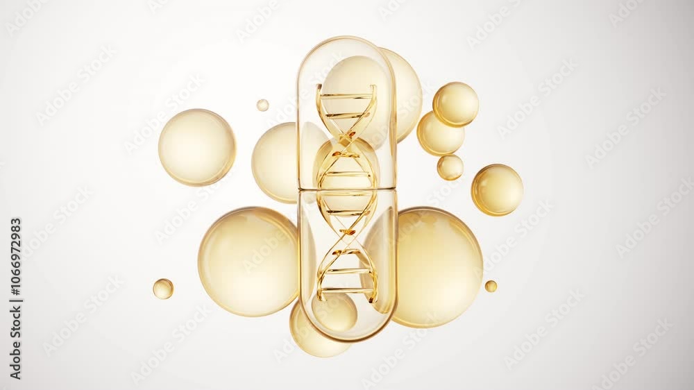 Medical capsule with golden bubbles background, 3d rendering.