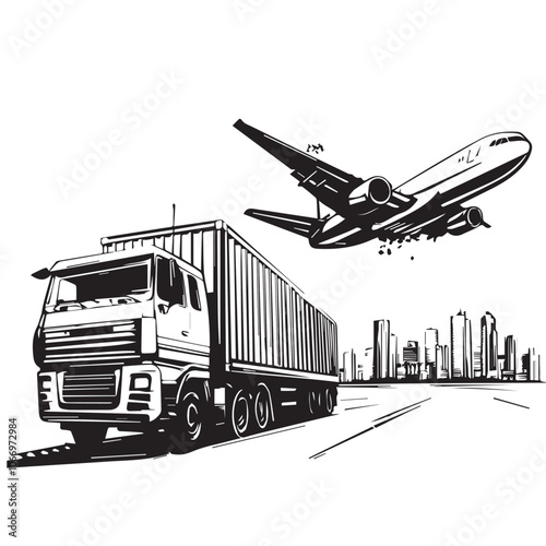 Logistics In cartoon, hand-drawn flat style. image for social media, websites and UI. Isolated 2D vector design in logo, icon, sketch style, simple line vector, single color. AI Generative Art.