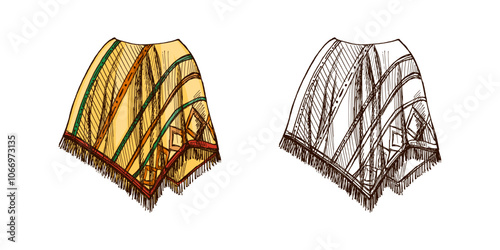Hand-drawn colored and monochrome  sketch of realistic mexican poncho. Vintage drawing of Latin American national clothes. Vector black ink outline illustration. Mexican culture. Latin America.