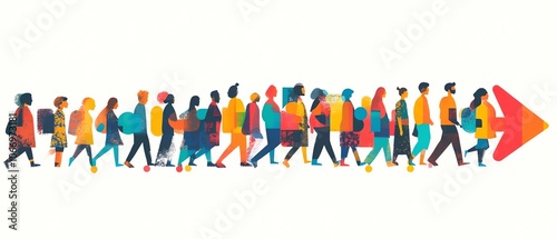 Large group of people standing in an arrow shape, against a white background, with simple flat color blocks, colorful patterns, bright colors, and clean lines