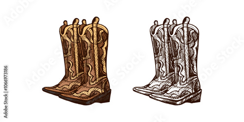 Hand-drawn colored and monochrome sketch of leather boots. Vintage drawing of Latin American national shoes. Vector black ink outline illustration. Mexican culture. Latin America.