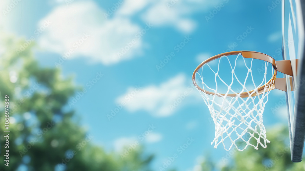 close up of basketball hoop with net against clear blue sky and blurred trees, evoking sense of outdoor play and freedom. close up of basketball hoop with net against clear blue sky and blurred trees, evoking sense of outdoor play and freedom.