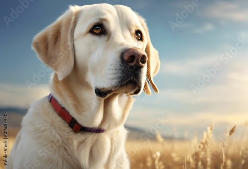 Golden retriever in a sunlit field.