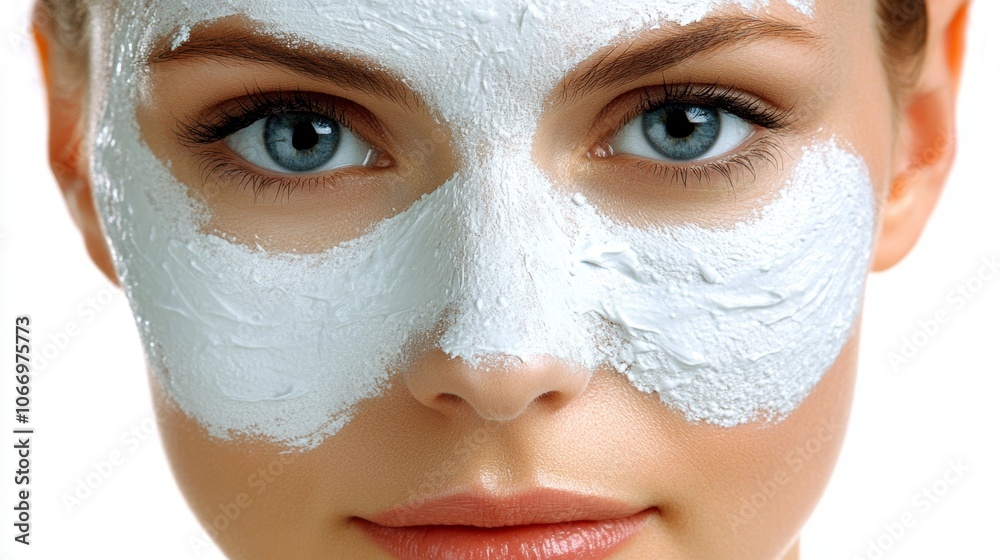 Woman s Face with Creamy Clay Mask Beauty Skincare Treatment