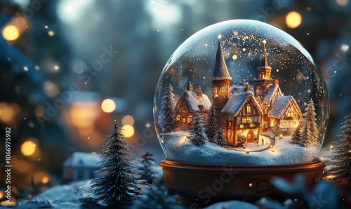 Snow globe with a mini Christmas village inside, magical and serene, 3D illustration