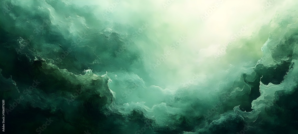 A mesmerizing abstract painting depicting swirling green and gray clouds, evoking a sense of calm and tranquility with a soft, ethereal glow in the background. A mesmerizing abstract painting depicting swirling green and gray clouds, evoking a sense of calm and tranquility with a soft, ethereal glow in the background.
