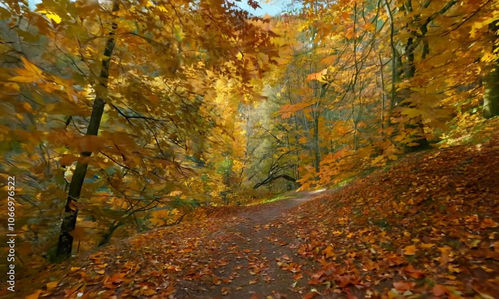 4K Forest Path in Autumn - Leaves Falling in Slow Motion