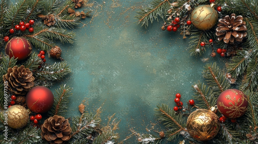 Christmas decoration forming a frame on green background with copy space Christmas decoration forming a frame on green background with copy space