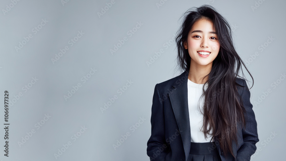 Chinese business woman in suit blazer isolated on gray, lawyer secretary Chinese business woman in suit blazer isolated on gray, lawyer secretary