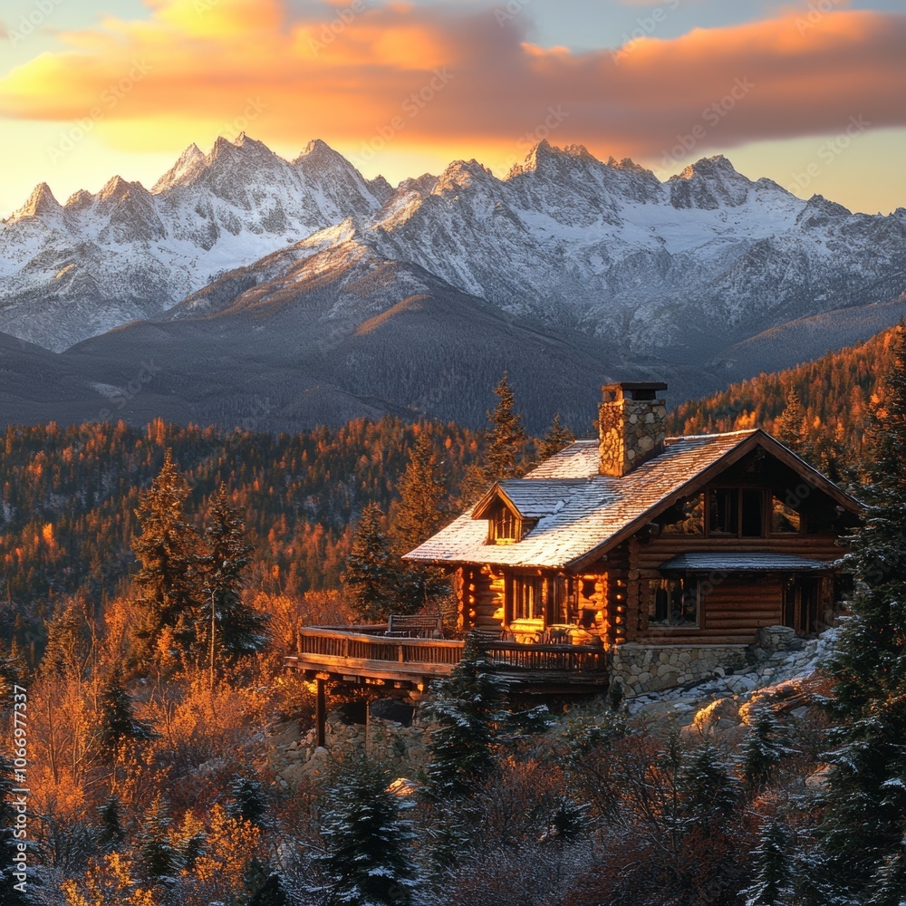 Fototapeta premium Mountain Cabin Sunset Winter Wonderland Log Home Landscape