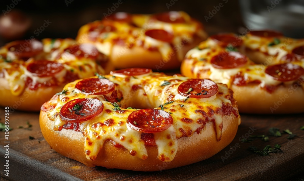 3D pizza bagel with mini pepperonis and melted cheese, perfect snack-sized treat 3D pizza bagel with mini pepperonis and melted cheese, perfect snack-sized treat