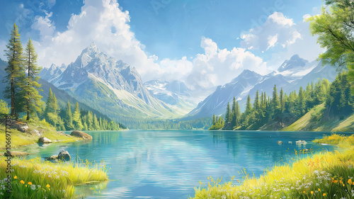 Idyllic summer landscape featuring a serene mountain lake set against the majestic Alps