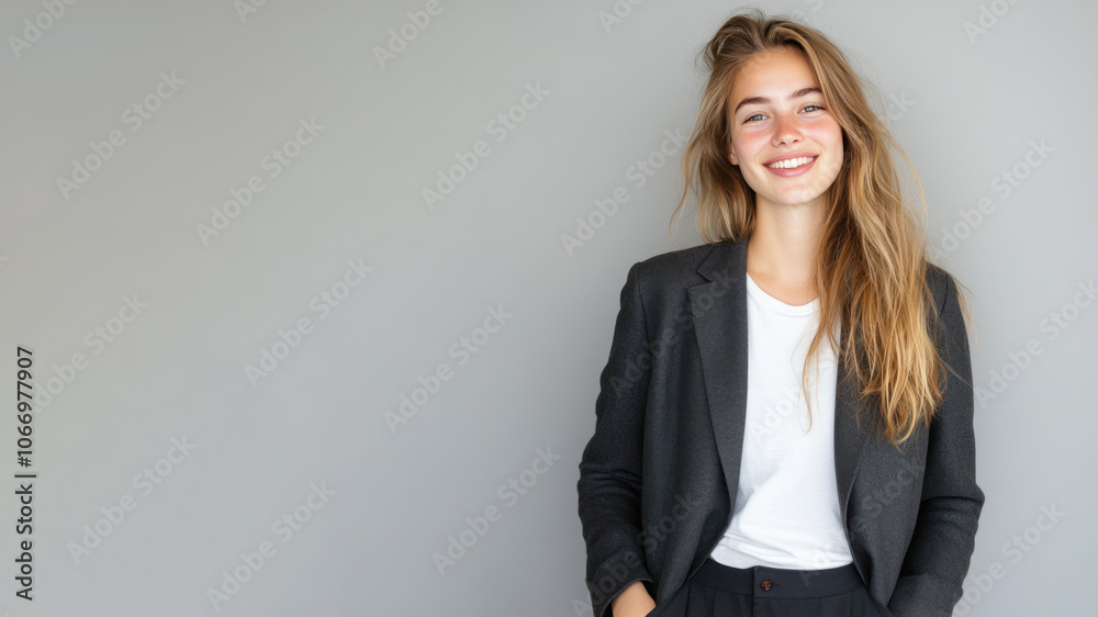 Germany business woman in suit blazer isolated on gray, lawyer secretary Germany business woman in suit blazer isolated on gray, lawyer secretary