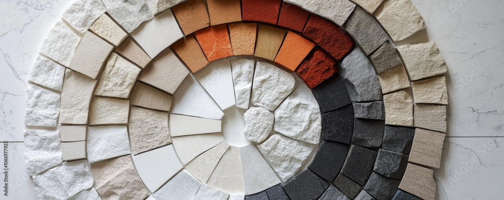 Fototapeta premium Stone and porcelain tiles arranged in color palette creating a spiral shape
