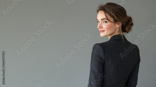 Germany business woman in suit blazer isolated on gray, lawyer secretary