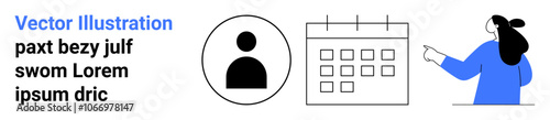 User icon next to calendar illustration and person in blue pointing at blank screen. Ideal for team organization, scheduling, profile setup, workflow management, business solutions, online services