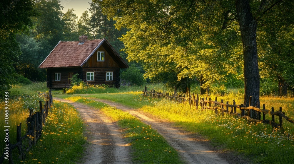 Rustic Wooden Cabin Countryside Road Sunny Meadow Spring Flowers Rustic Wooden Cabin Countryside Road Sunny Meadow Spring Flowers