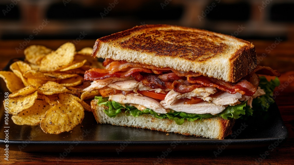 Delicious turkey and bacon club sandwich with potato chips Delicious turkey and bacon club sandwich with potato chips