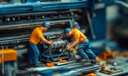 Miniature workers fixing a giant printer jam, crawling inside the machine with tools in hand