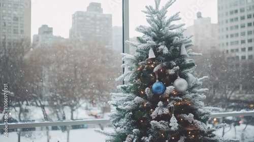 Festive Christmas tree in modern apartment American cityscape outside