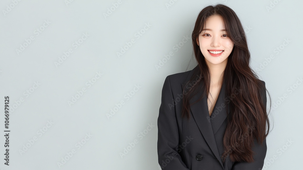 Korean business woman in suit blazer isolated on gray, lawyer secretary Korean business woman in suit blazer isolated on gray, lawyer secretary