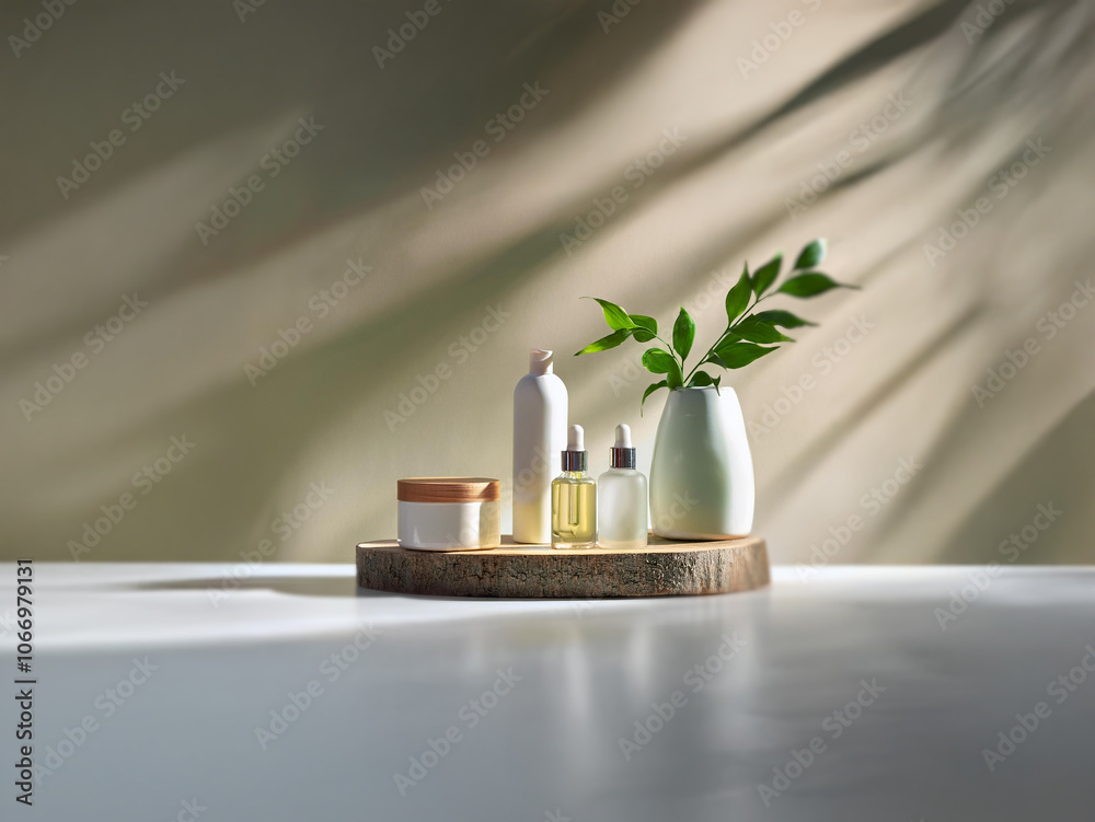 A wooden slice sits on a white surface with a green leaf in a vase and several bottles of product. The bottles and vase are white and the product inside is a clear, yellow color. A wooden slice sits on a white surface with a green leaf in a vase and several bottles of product. The bottles and vase are white and the product inside is a clear, yellow color.