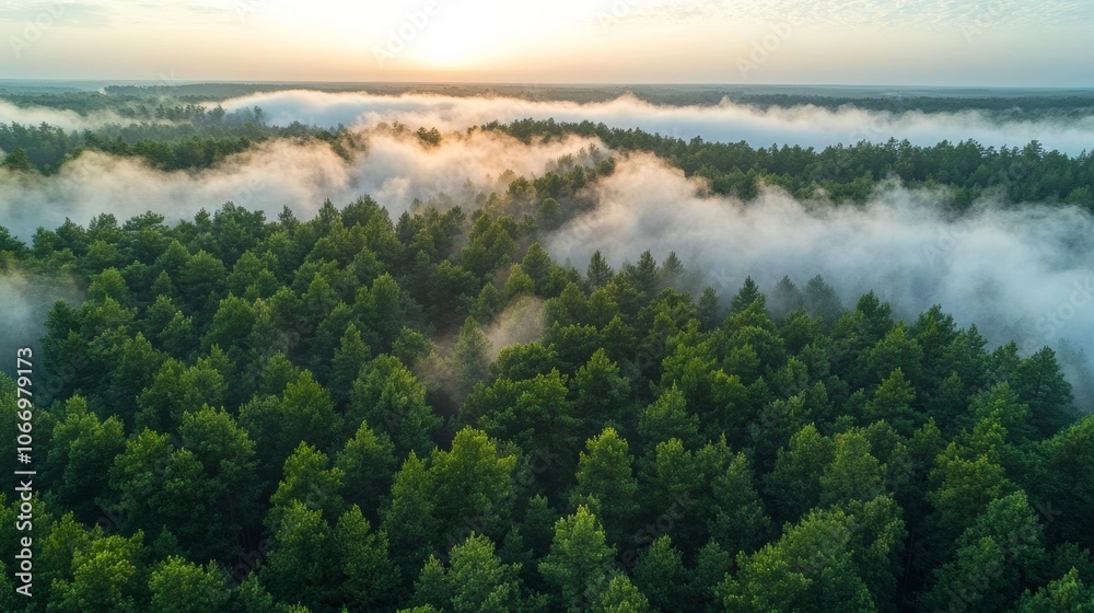 Golden sunrise illuminating foggy forest landscape: aerial view Golden sunrise illuminating foggy forest landscape: aerial view