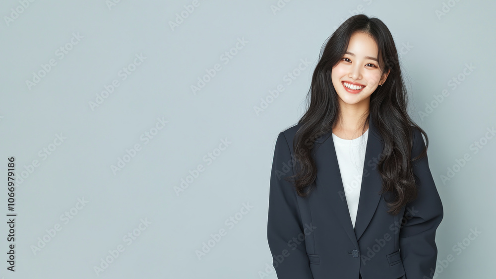 Korean business woman in suit blazer isolated on gray, lawyer secretary Korean business woman in suit blazer isolated on gray, lawyer secretary