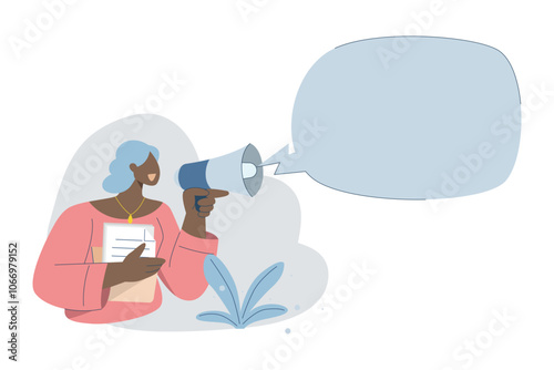 Important notice announcement, Promote products, Marketing communication concept, With large speech bubbles, Female employee holds a loudspeaker in her hand announcing news of the organization.