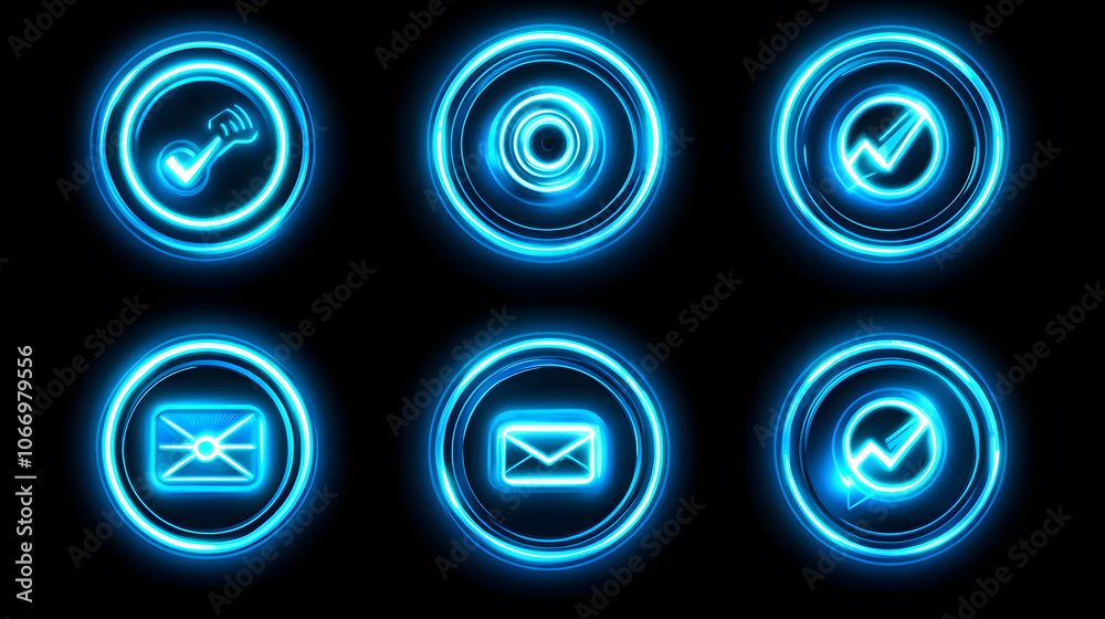 Set of glowing blue neon icons on dark background Set of glowing blue neon icons on dark background