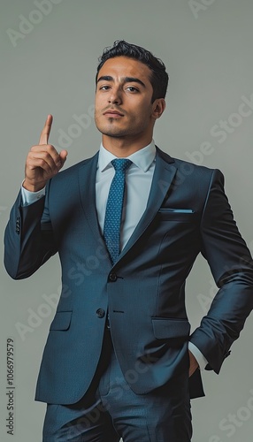 a man weaing a suit, pointing his finger to the side as if he wants to bring your attention to something, full view shot, generative ai photo