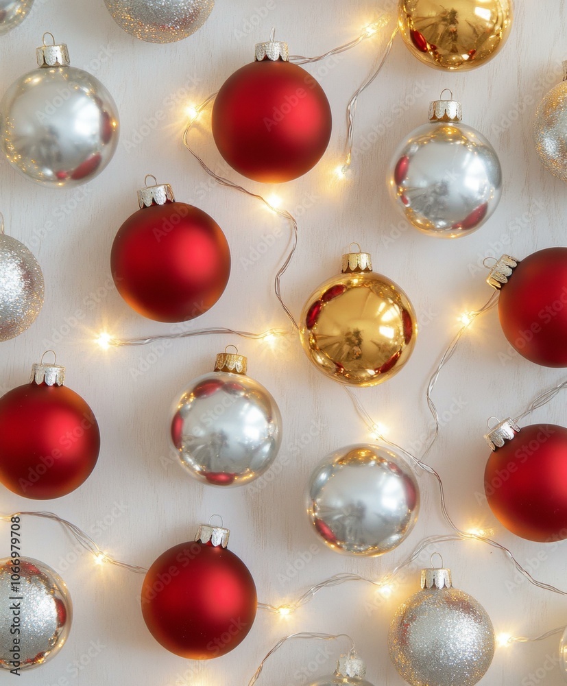 Festive Christmas ornaments in red, green, gold on white background. Festive Christmas ornaments in red, green, gold on white background.