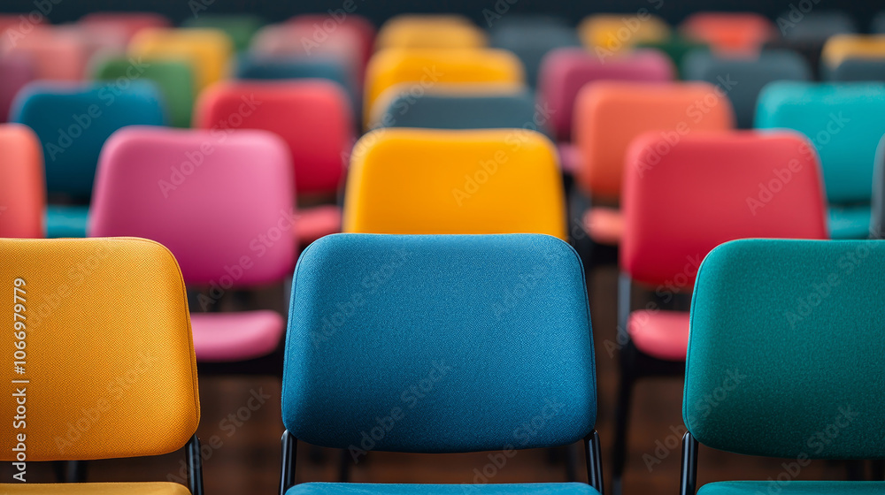 Fototapeta premium Colorful chairs in a structured arrangement create a vibrant and inviting atmosphere, showcasing a playful palette of textiles and colors.