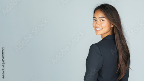 Malay business woman in suit blazer isolated on gray, lawyer secretary