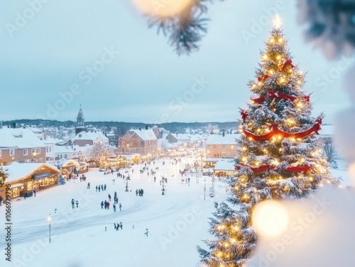 Historic American town square with a giant Christmas tree decorated with red bows and lights photo